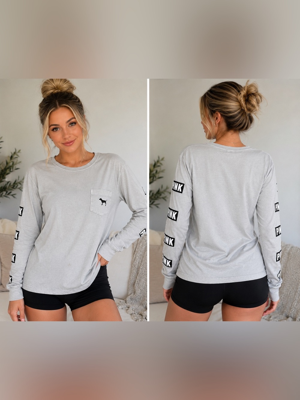 PINK by Victoria’s Secret Gray Long Sleeve Pocket Tee | Size Small | Logo Sleeve